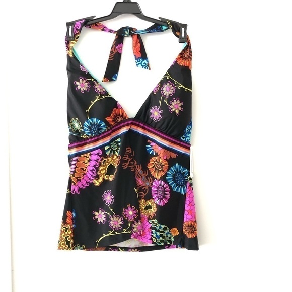 Trina Turk Floral Black Halter Tankini Swimsuit 12 - Picture 1 of 7